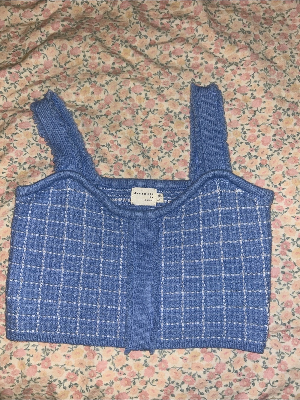 M/L DREAMERS BY DEBUT Blue Knit Checkered Cropped Tank